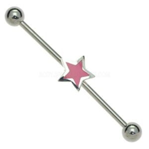 Silver & Steel Scaffold Piercing Bar - Pink Star