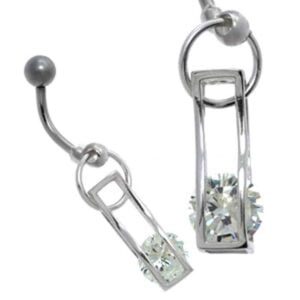 Silver and Steel Belly Bar - Caged Jewel Drop