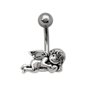 Silver and Steel Belly Bar - Silver Sleepy Heart Angel
