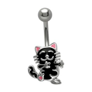 Silver and Steel Belly Piercing Bar - Black Cat