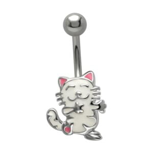 Silver and Steel Belly Piercing Bar - White Cat