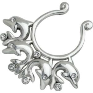 Silver Fake Nipple Ring - Dolphins Clear