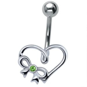 Sterling Silver and Steel Heart Belly Bar - Green <span class="custom_location">- 84B03UK</span>