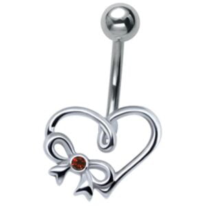 Sterling Silver and Steel Heart Belly Bar - Red