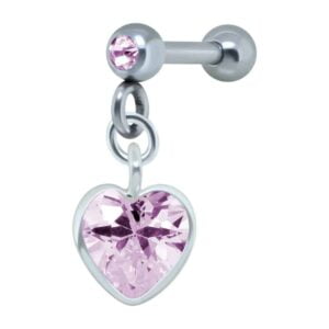 Silver Heart Pink Jewelled Tragus Bar Stud