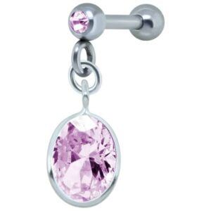 Silver Oval Pink Jewelled Tragus Bar Stud