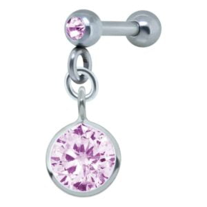 Silver Round Pink Jewelled Tragus Bar Stud