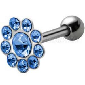 Silver and Steel Tragus Stud - Jewelled Blue Flower