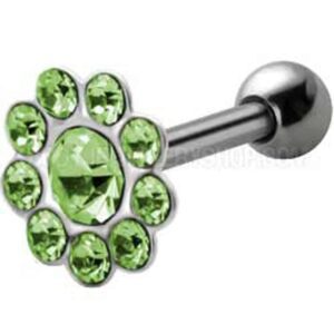Silver and Steel Tragus Stud - Jewelled Green Flower