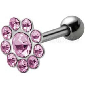 Silver and Steel Tragus Stud - Jewelled Pink Flower