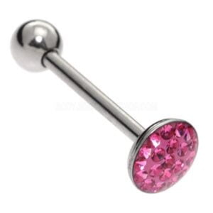 Steel Jewelled Disc Tongue Bar - Pink