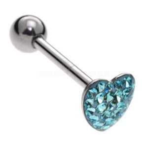 Steel Jewelled Heart Tongue Bar - Blue