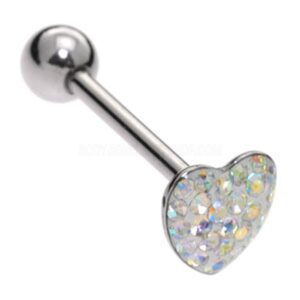 Steel Jewelled Heart Tongue Bar - Crystal AB