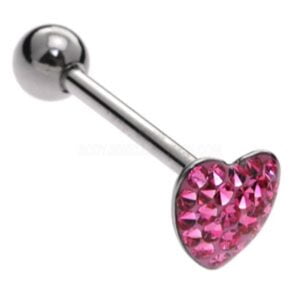 Steel Jewelled Heart Tongue Bar - Pink