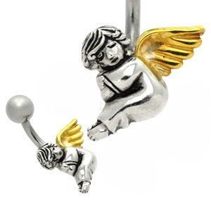 Sterling Silver and Steel Belly Bar - Sleeping Angel