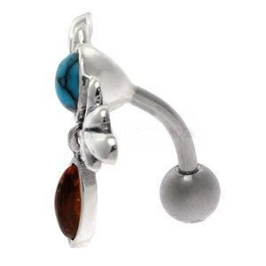 Sterling Silver and Steel Reverse Belly Bar - Turquoise & Amber