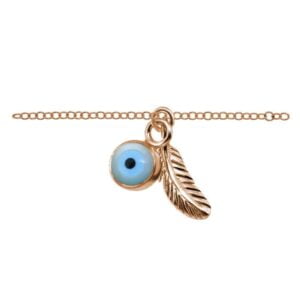 Silver Rose Gold Feather and Evil Eye Ankle Chain