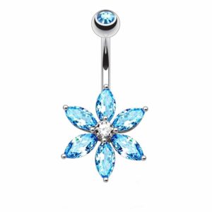 Surgical Steel Belly Ring with CZ Petal Flower - Aqua