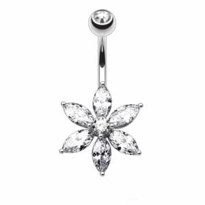 Surgical Steel Belly Ring with CZ Petal Flower - Clear