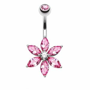 Surgical Steel Belly Ring with CZ Petal Flower - Pink