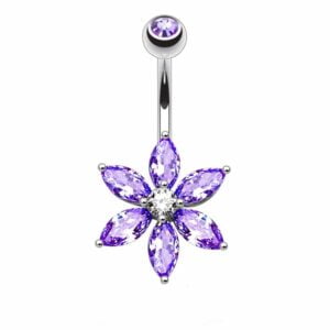 Surgical Steel Belly Ring with CZ Petal Flower - Tanzanite