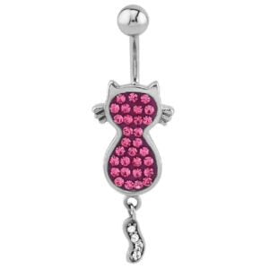 Surgical Steel Crystalline Jewelled Cat Banana Bell - Pink