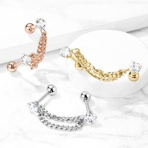 Surgical Steel Double Chain Linked Prong Set CZ Cartilage Barbells - Clear