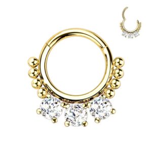 Surgical Steel Hinged Segment Ring with 3 Set Round CZ and beads - Gold Plated
