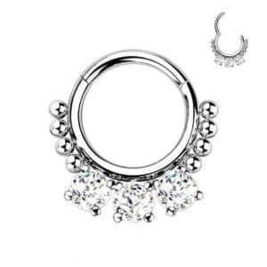 Surgical Steel Hinged Segment Ring with 3 Set Round CZ and beads - Silver