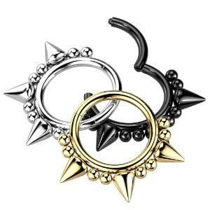 Surgical Steel Hinged Segment Ring with 3 Spikes and Balls - Gold Plated
