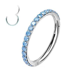 Surgical Steel Hinged Segment Ring with Aqua Crystals