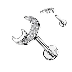 Surgical Steel Internally Threaded Crescent Labret Stud with Flat Moon - Clear