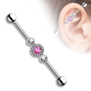 Three CZ Centered Multi Paved Circle Surgical Steel Industrial Barbell - Pink