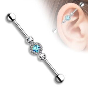 Three CZ Centered Multi Paved Circle Surgical Steel Industrial Barbell - Blue