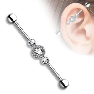 Three CZ Centered Multi Paved Circle Surgical Steel Industrial Barbell - Clear