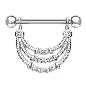 Triple Lined CZ Dangle Surgical Steel Nipple Shield- Silver