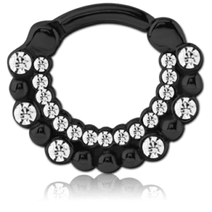 Black Coated Surgical Steel Jewelled Hinged Septum Clicker - Crystal Filigree