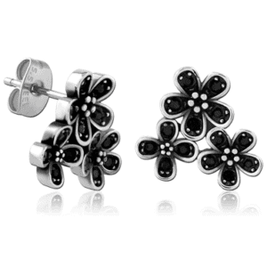 Surgical Steel Jewelled Ear Studs - Black Flowers