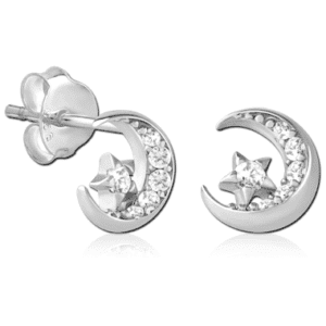 925 Sterling Silver Jewelled Ear Stud Moon and Star